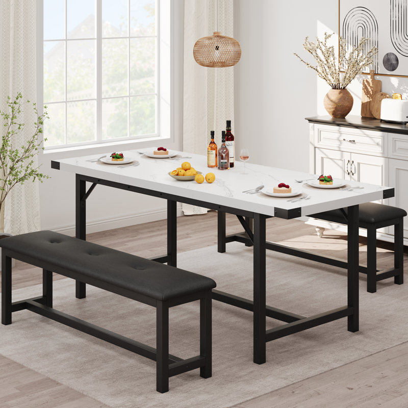 Ensemble de table de salle à manger extensible 63 po rectangulaire pour salle à manger moderne 4-6,3 pièces avec 2 bancs rembourrés, facile à assembler - pour les appartements, les salles à manger - marbre blanc