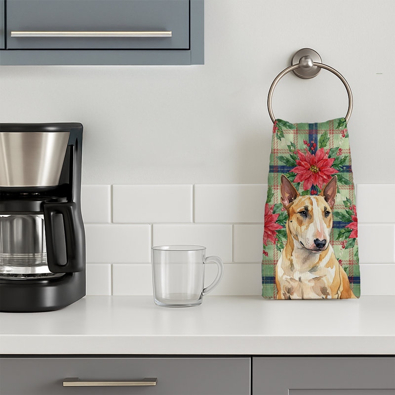 Miniature Bull Terrier Christmas PoinsettIas Kitchen Towel, White/Tan Miniature Bull Terrier