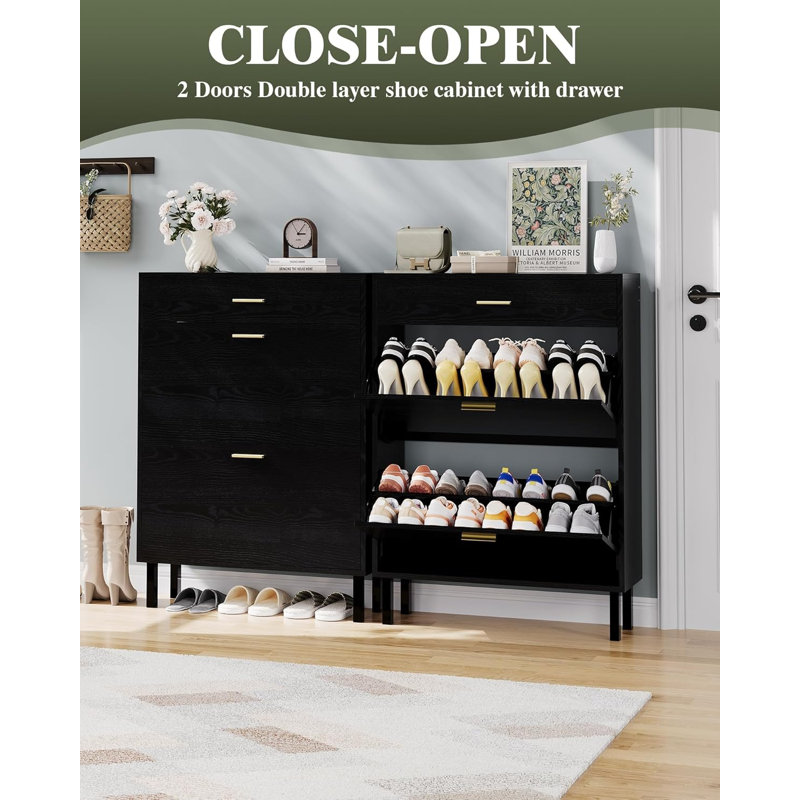 3-Tier Shoe Storage Cabinet w/ 2 Flip Drawers, Freestanding Entryway Organizer w/Adjustable Shelves, Hidden Shoe Rack, Black