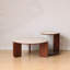 Table basse en chêne massif avec finition noyer, base sculpturale incurvée et plateau en pierre frittée blanche, table de salon moderne
