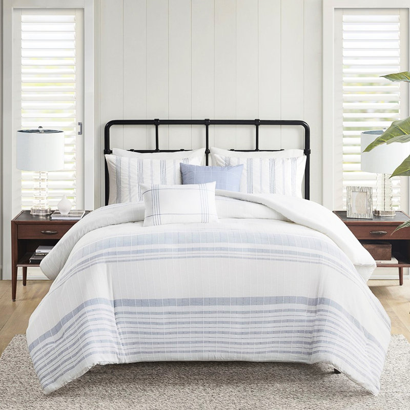 Housse de couette en coton double / grand - 5 pièces de style moderne avec fermeture à boutons et couvre-oreillers décoratifs à motif de rayures colorées et tissées