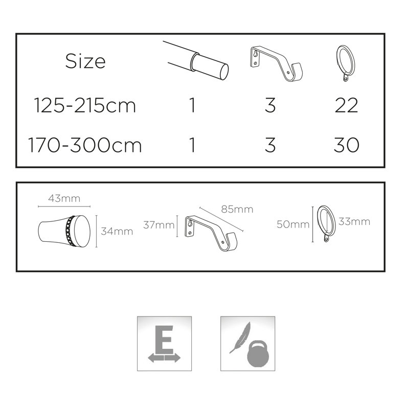 Gleason Chrome Adjustable 1.9cm Single Curtain Pole, 5cm H x 300cm W x 10cm D