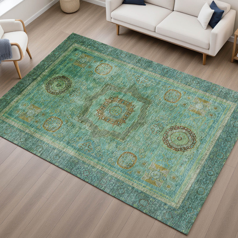 Premium Machine Washable Mayfield AMF2159 global Rug, Rectangle 8' x 10', Green