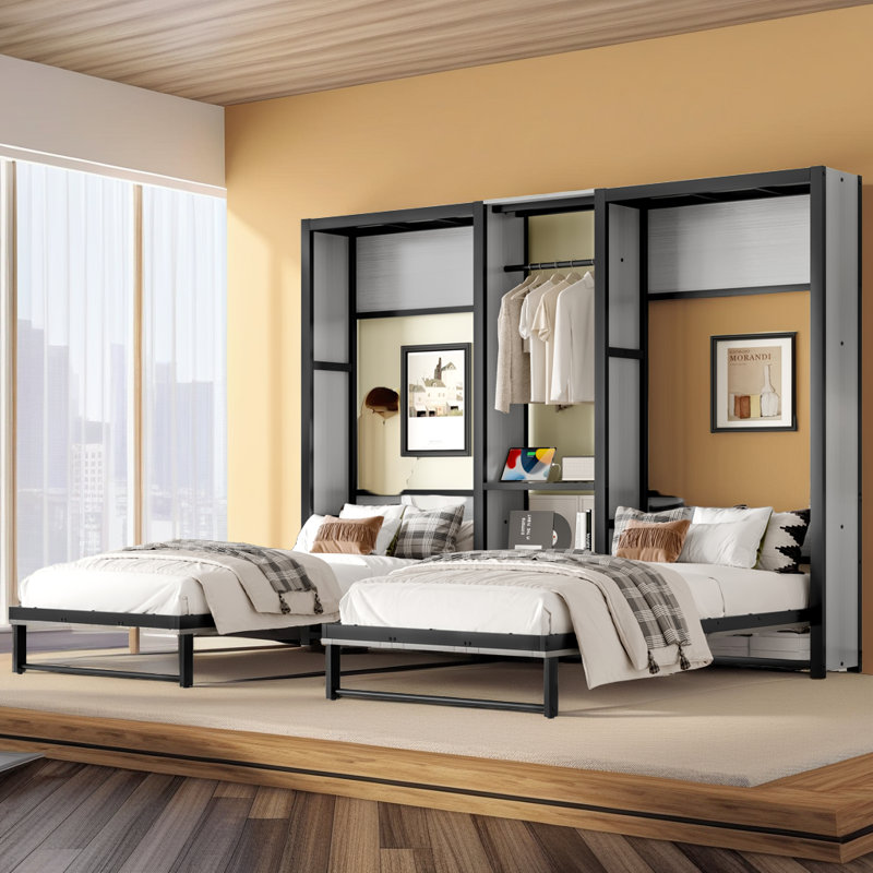 Lits simples escamotables 2 en 1 avec armoire, tablettes et prises de courant USB 2 en 1, Gris