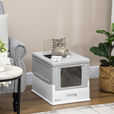 Pawhut Fully Enclosed Cat Litter Box With Scoop, Hooded Cat Litter House With Drawer Type Tray, Foldable Smell Proof Cat Potty With Front Entry, Top Exit, Portable Pet Toilet With Large Space, Gray