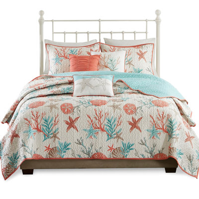 6 Piece Quilt With Throw Pillows, Coral Full/Queen, Printed Shells & Starfish , Soft Reverse Fabric, Vermicelli , Coastal Embroidery , Machine Washable Cotton Bedding Shells, Blend Material,