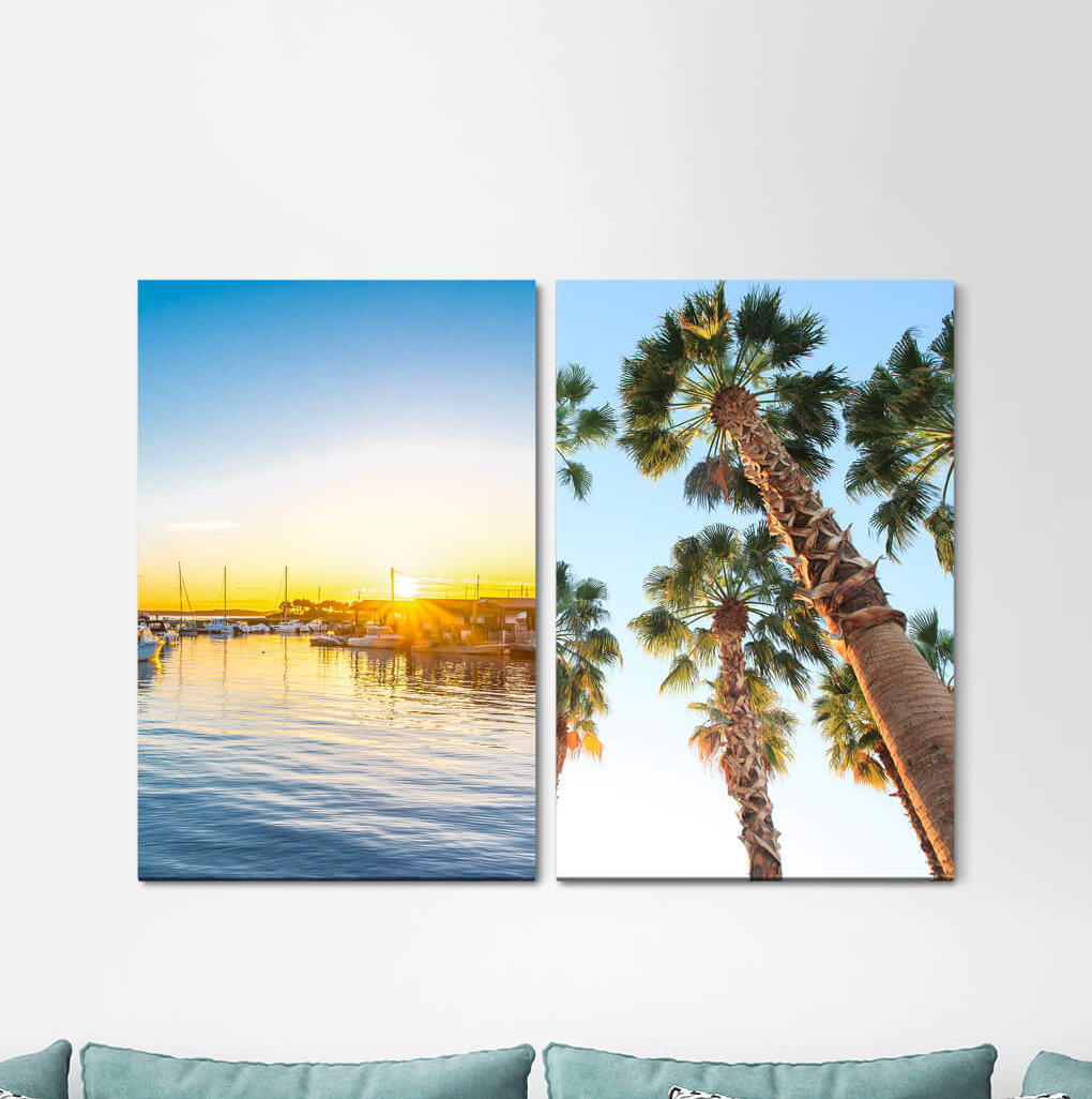 2-tlg. Leinwandbilder-Set - Grafikdruck „Palms South Mediterranean Sea Port Sunset Summer Sea”