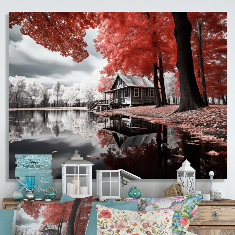 «Red Lake Red Lakeside Whispers I», reproduction sur toile, 34" H x 44" W, Black Picture Framed