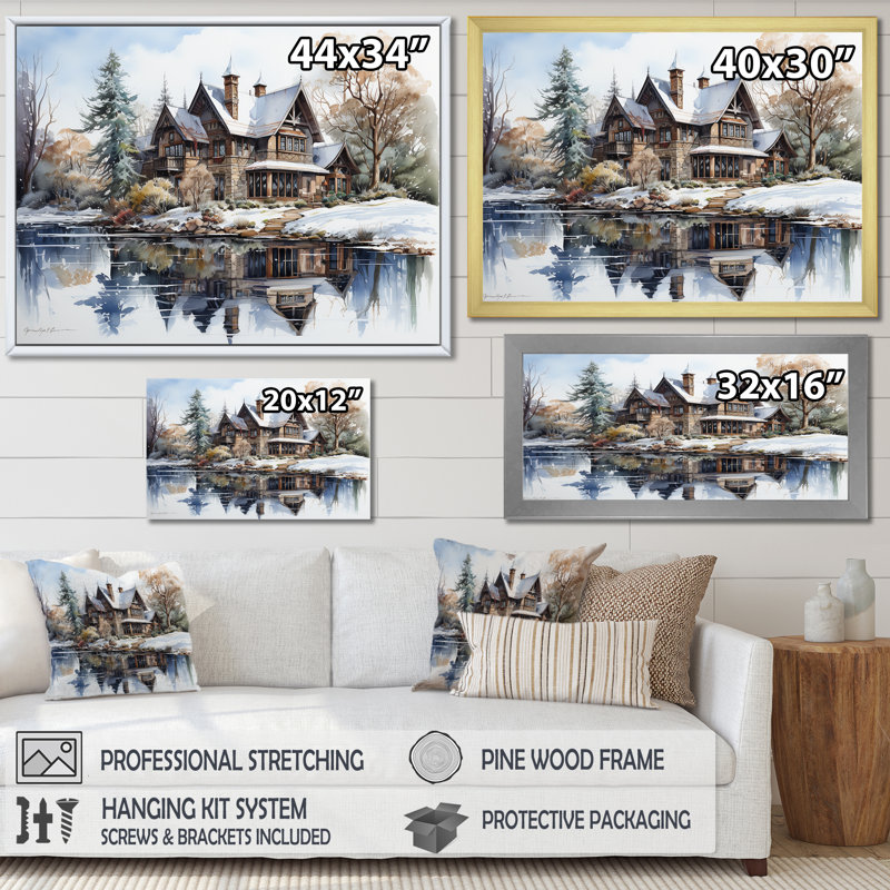 «Lakehouse In Winter Charm», reproduction sur toile, Toile tendue, H 16 po x l 32 po x P 1 po