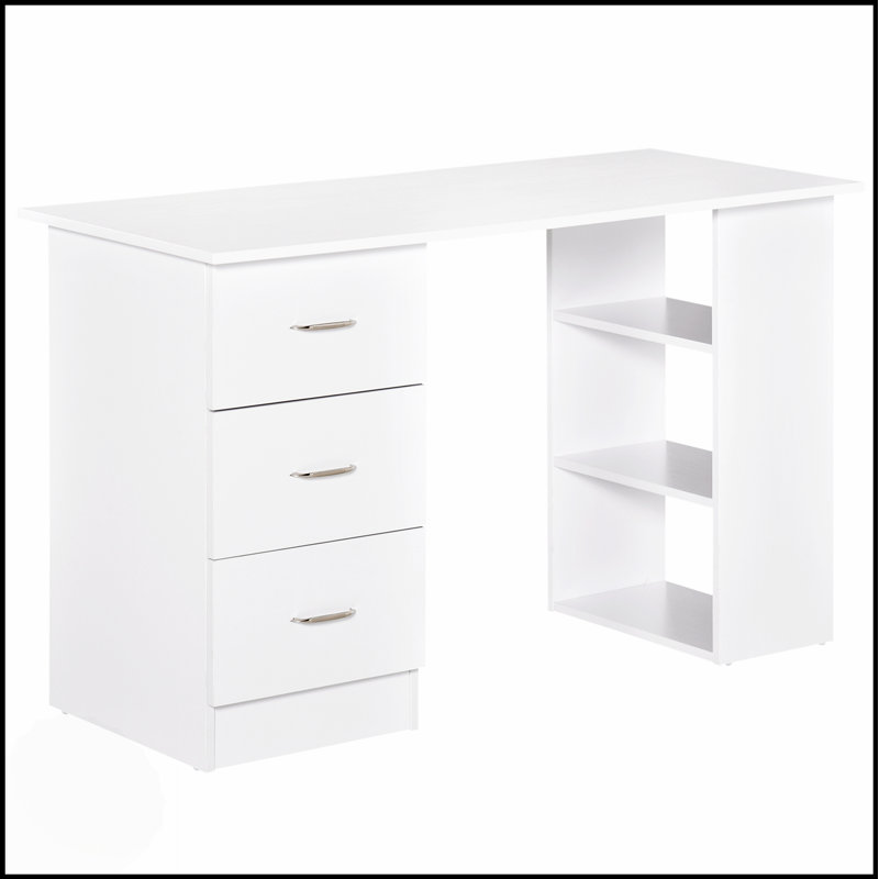Bureau d'ordinateur moderne avec bibliothèque et rangement à 3 tiroirs, parfait pour les petits espaces et l'utilisation multifonctionnelle.