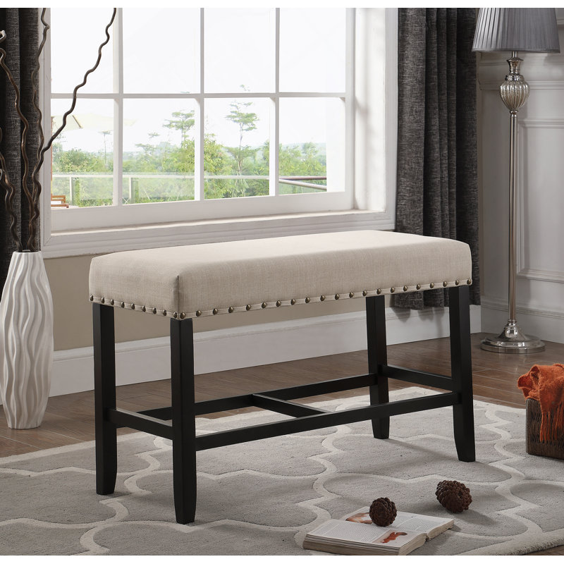 Fabric Counter Height Dining Bench With Nailhead Trim, Tan, Tan