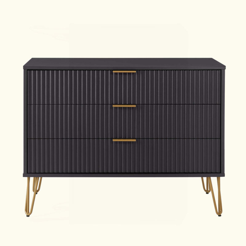Dumbo 35" Modern Fluted Standard Dresser with 3 Drawers in Black, Black