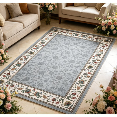 Tapis lavable à bordure florale vintage pour salon