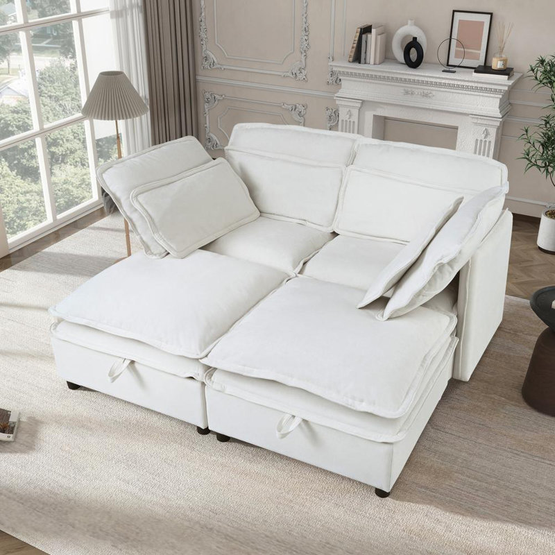 Canapé modulaire 4 places avec coussins, Polyester beige