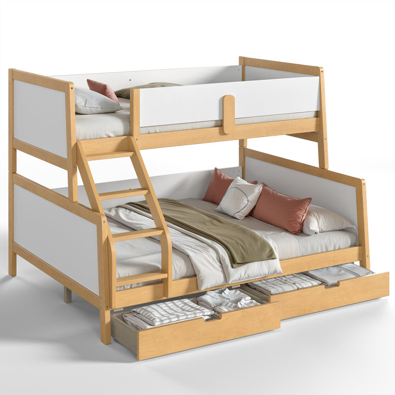 Lit superposé simple au-dessus de grand lit simple avec tiroirs de rangement, lit superposé pour enfant en bois massif avec lattes, conception convertible, blanc et naturel