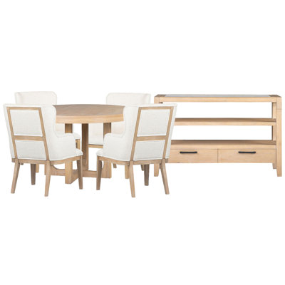 Table de salle à manger ronde avec 4 fauteuils et buffet ouvert