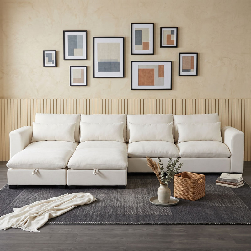 Canapé modulaire 6 places avec 2 repose-pieds et structure en bois, Beige