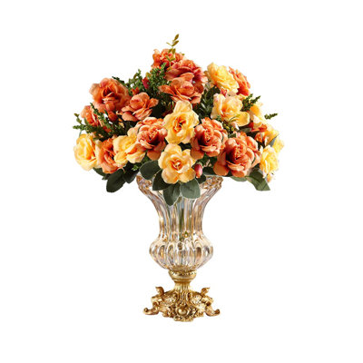 Retro European Style Golden Crystal Glass Carved Vase Artificial Flowers In Vase Set