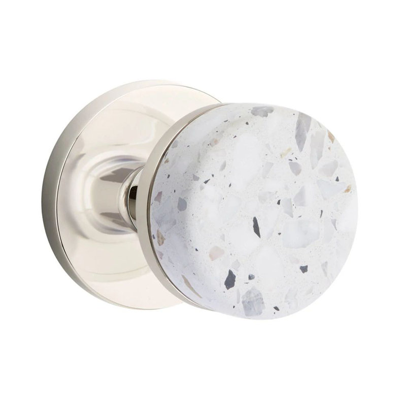 Mortaise intérieure Emtek Select avec rosette à disque et tige conique, bouton Terrazzo clair (droite), Nickel poli