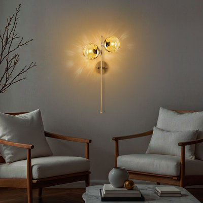 Elegant Metal Wall Lamp with Glass Cap, Yellow & Gold Finish, 13.8 x 9.8 x 28.3 inches | 2 x E27 Socket, Max 40W | Stylish Lighting Fixture for Modern Home Decor, IP20 Rated, Bulb Not Included