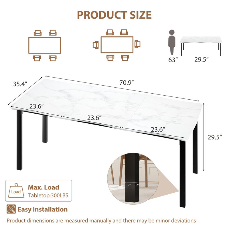 70.9" Dining Table for 6-8, Rustic Rectangular Kitchen Table with MDF Top & Metal Frame, 29.5"H x 70.9"L x 35.4"W