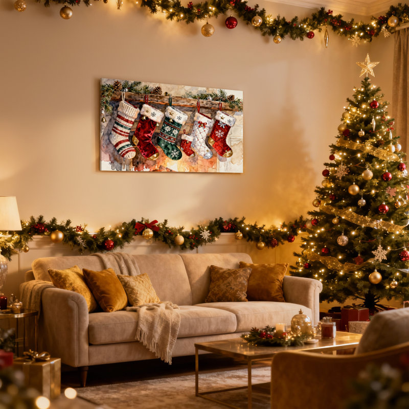Ensemble de 3 toiles de Noël suspendues sur un manteau de cheminée avec des branches de pin, H 12 po x l 18 po