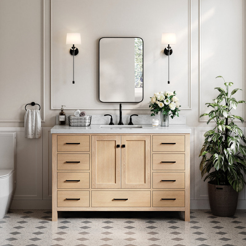 Cambridge 55'' Single Bathroom Vanity with Top, Natural Oak / Matte Black, Rectangular