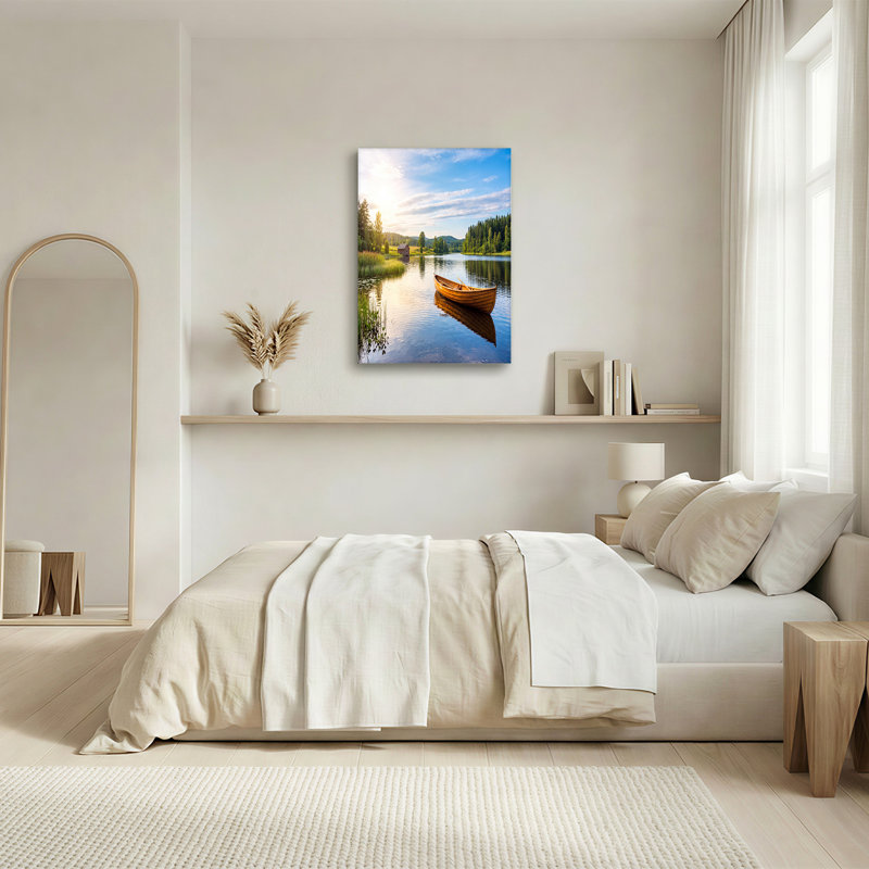 Toile en bois sur le lac au coucher du soleil, 24"H x 36"W