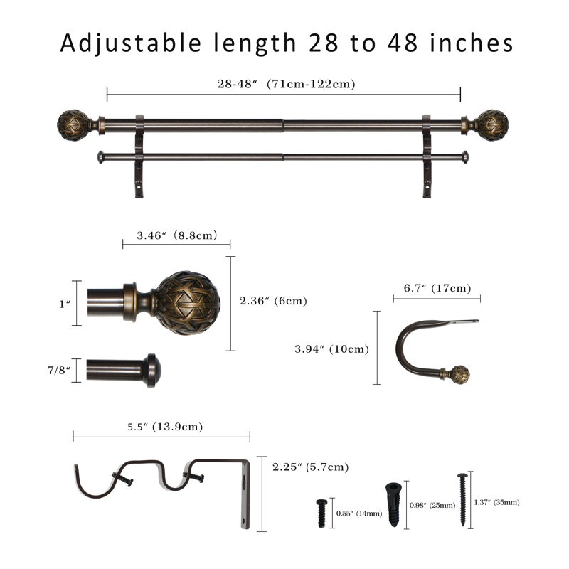 Tringle à rideaux double ajustable Devingo, 28” – 48”, Bronze de Pompéi