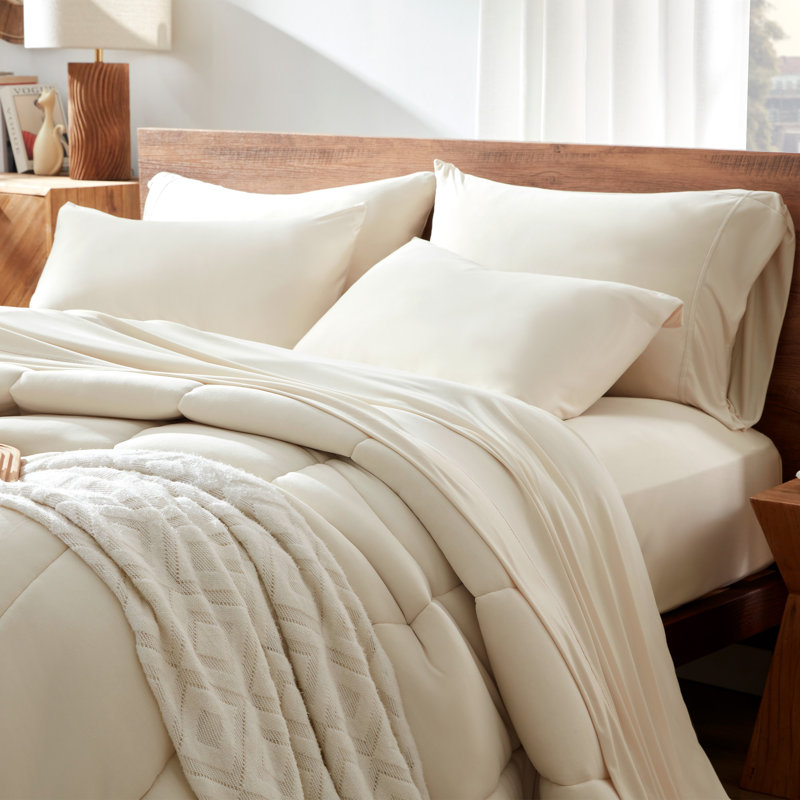 Ensemble d'édredon en tricot doux, Crème, Édredon pour grand lit + 2 taies décoratives sta