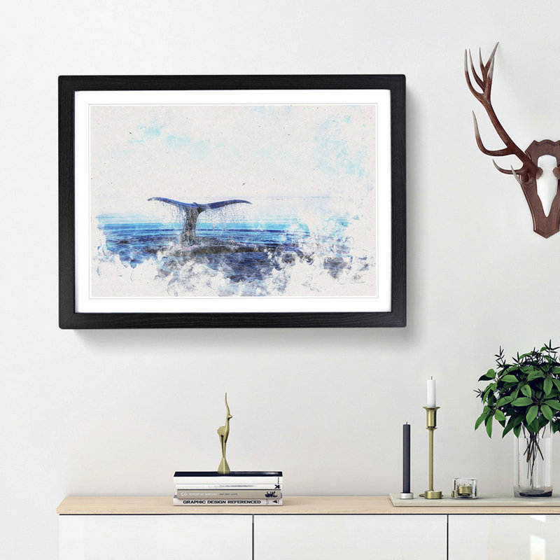 Whale Tail From The Ocean Watercolour - Framed Print, 45cm H x 63cm W x 2cm D, Black