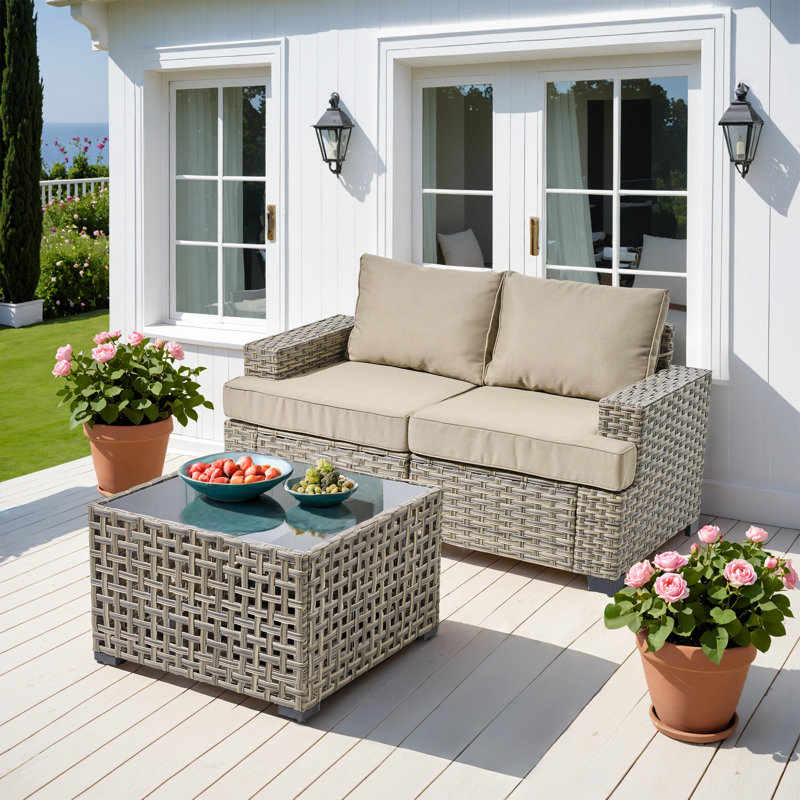 Wahkon 3 - Piece Outdoor Patio Sofa Wicker Modular Sectional Set With Lighted Coffee Table and Cushions, Beige