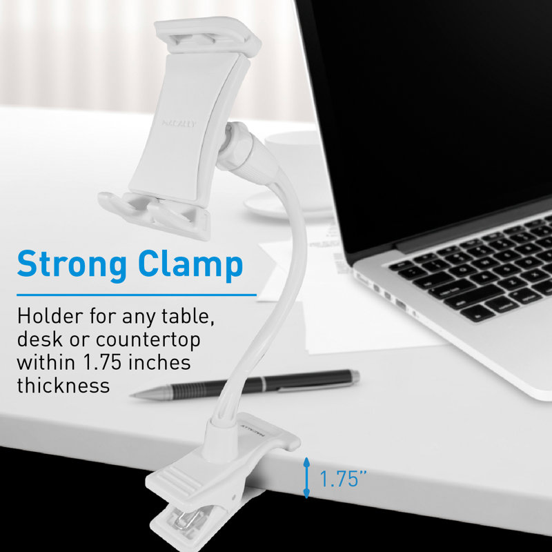 White Adjustable Gooseneck Clip Mount for Phones and Tablets