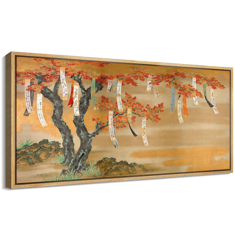 Érable japonais avec des papiers de prières suspendus, décoration murale nature orientale, H 30 po x l 60 po x P 1,5 po
