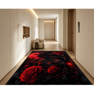Tapis gothique rose rouge, style fantaisie sombre, thème d'Halloween effrayant, tapis antidérapant, décoration intérieure artistique pour le salon, la chambre à coucher, le vestibule, appartement