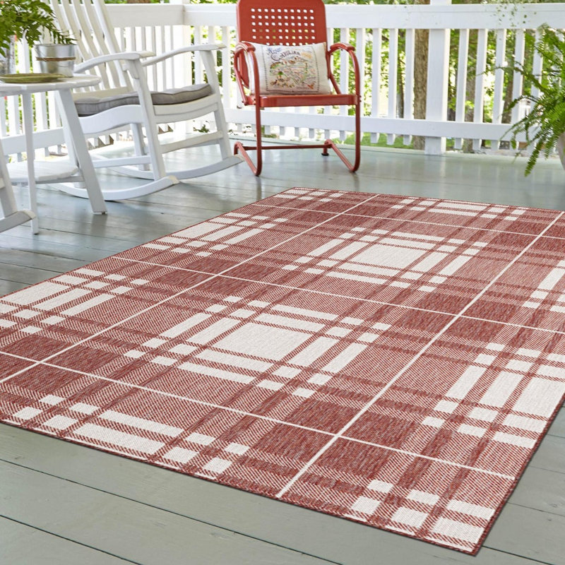 Tereon Plaid Machine Made Power Loom Polypropylene Plastic Indoor/Outdoor Area Rug in Red/White, Rectangle 2' x 3'1"