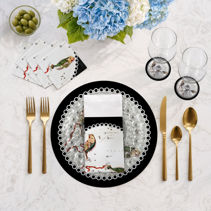 Zodiac Pisces Vegan Leather Round Pebble Placemat, Black