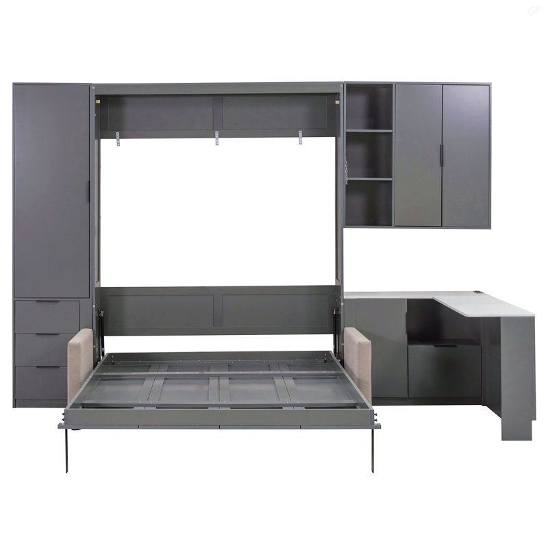 Grand lit escamotable mural avec rangement hydraulique, canapé, tablettes et tiroirs, éclairage DEL / USB, panneau gris foncé, canapé beige