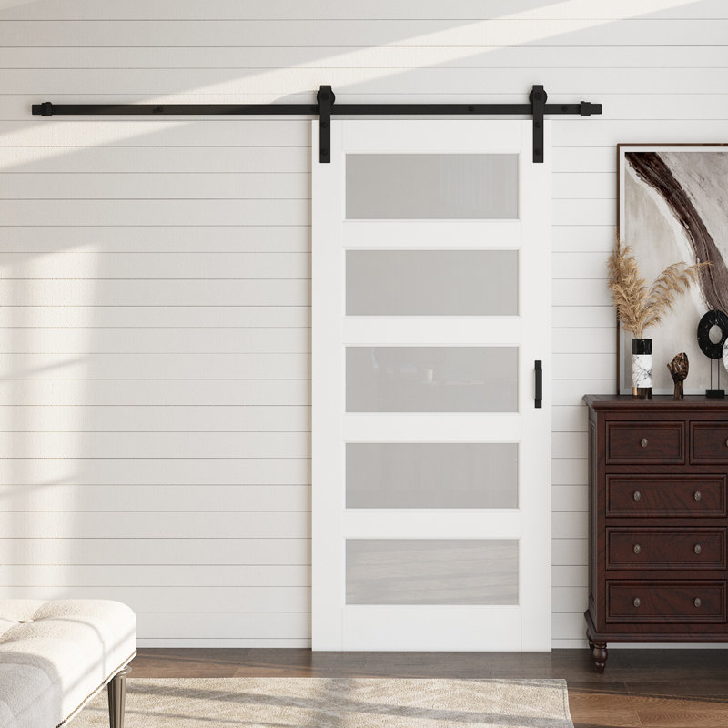 Porte coulissante de style grange, 5 carreaux, verre trempé dépoli, apprêt blanc, 80 po H x 36 po L, avec trousse de quincaillerie d'installation, fermeture amortie, aucun assemblage requis