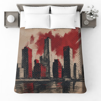 Red Black Skyline Quilted Bedspread All Sizes