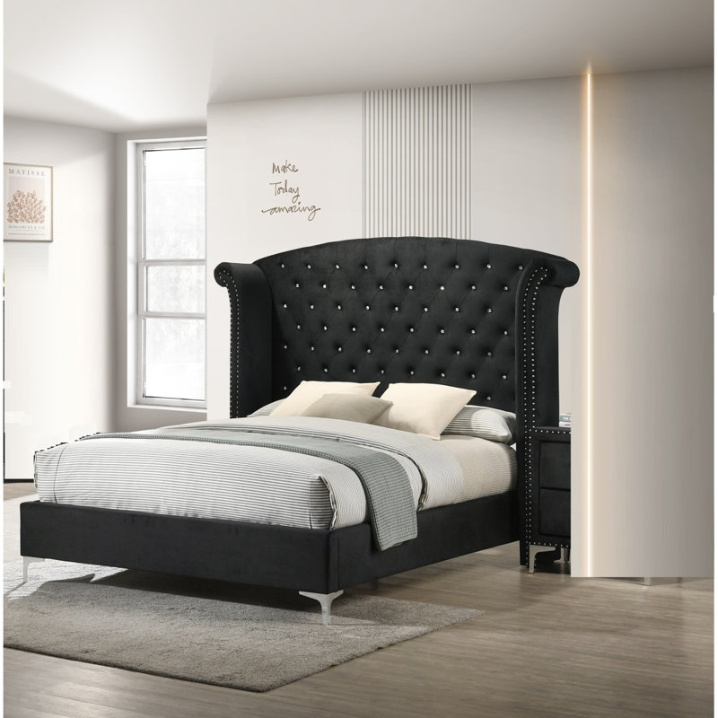 Glam Upholstered Bed Button-Tufting Wing Back Headboard Button Tufted Bedroom Furniture Wood Metal Fabric, King