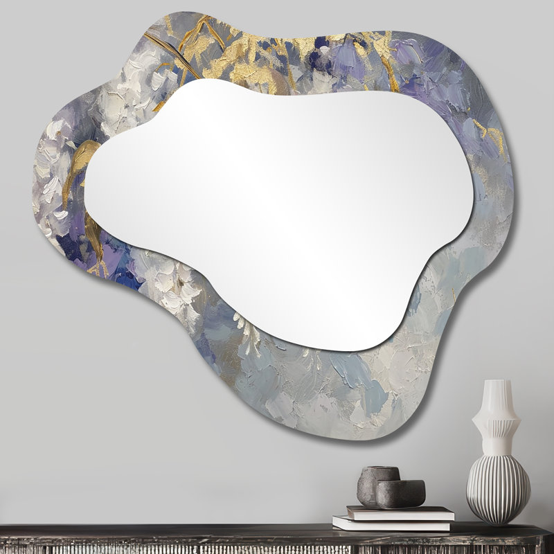 Unai blanc fleurs de glycines - miroir unique nuage arbre, grand miroir mural asymétrique blanc, impression d'art en métal
