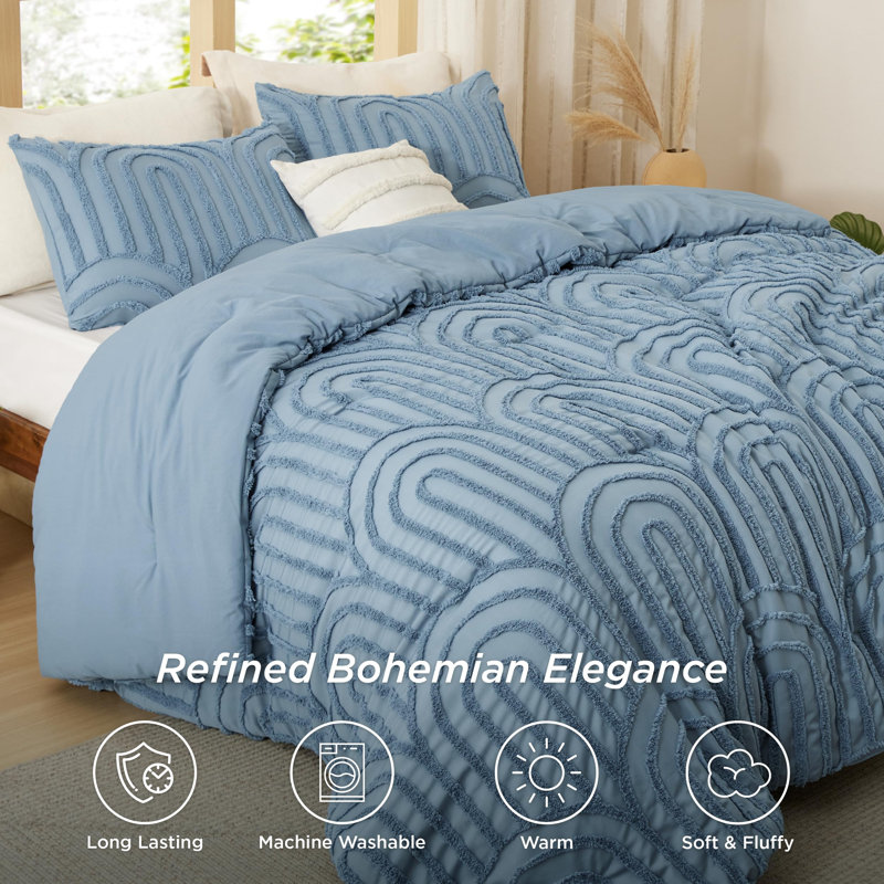 Comforter Set-Arch Jacquard Boho Bedding Sets, King Comforter + 2 King Shams, Grayish Blue