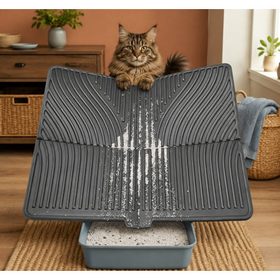 Tapis de litière noir de grande taille (31 x 24 pouces), imperméable et lavable, avec une surface douce pour les pattes, un contrôle des projections et une couverture qui s'adapte à la plupart des bacs à litière ; convient aux chiens et aux chats.