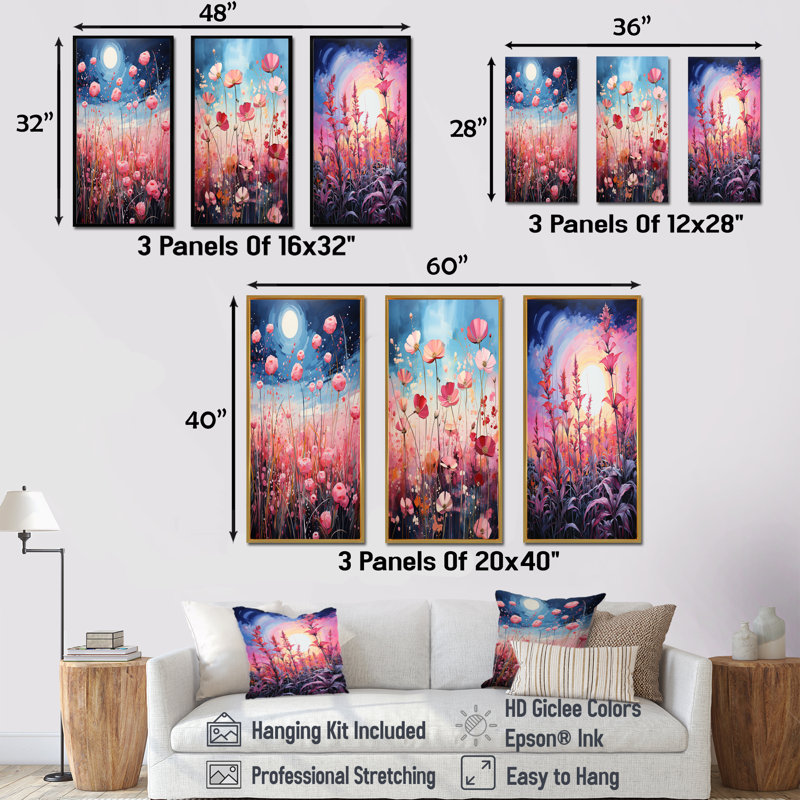 «Neon Pink Herbs By The Moon», ensemble de 4 reproductions d'art mural, Cadre flottant blanc, H 40 po x l 60 po
