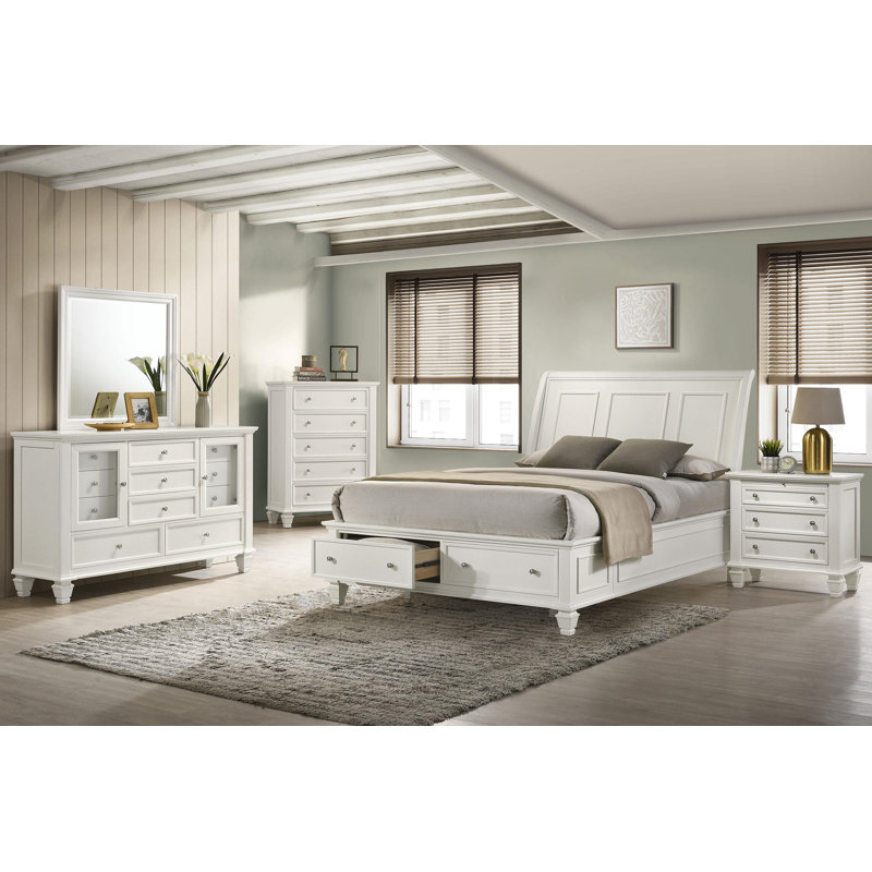 Ensemble de chambre à coucher Beach Eastern, Grand lit, Blanc, 5 pièces: lit, table de chevet, commode, miroir, 