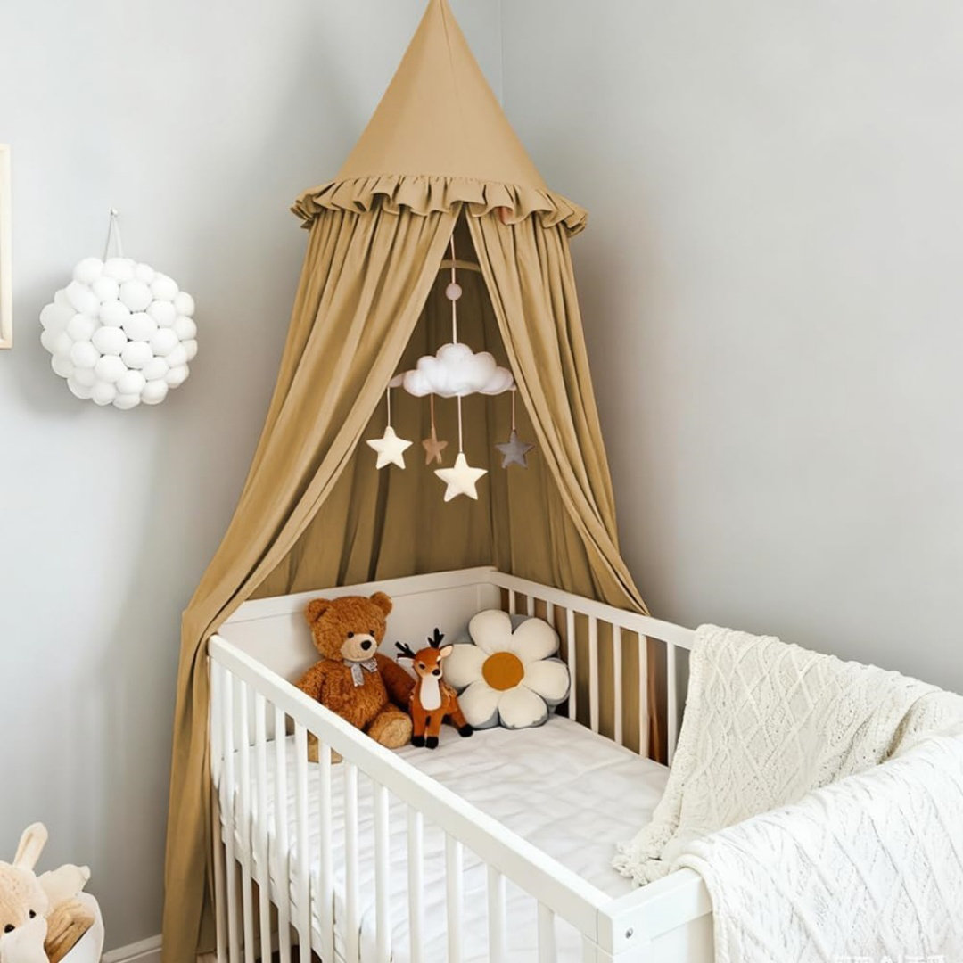 Bed Canopy With Ruffles, Round Dome 240Cm For Bedroom, Brown