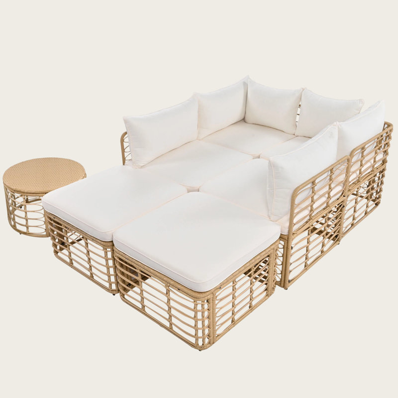 7 Pieces Outdoor Patio Furniture Set, All-Weather Rattan Sectional Sofa with Thick Cushions and Pillows – Modular Wicker Conversation Set, Freely Combine U-Shape L-Shape or Daybed for Garden, Backyard, Balcony, Deck