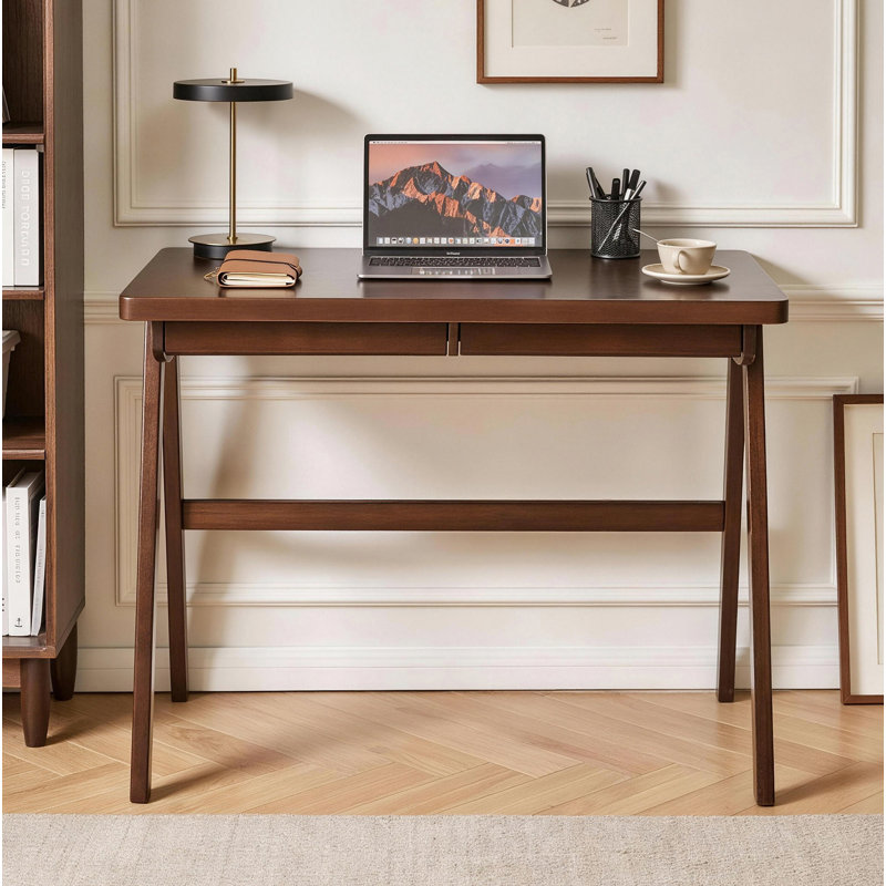 Bureau d'ordinateur 100% bois d'hévéa massif, bureau d'écriture rétro en noyer avec tiroir, structure robuste en A, table d'étude de bureau à domicile standard de 39,37 po x 21,65 po, 0,71 po d'épaisseur