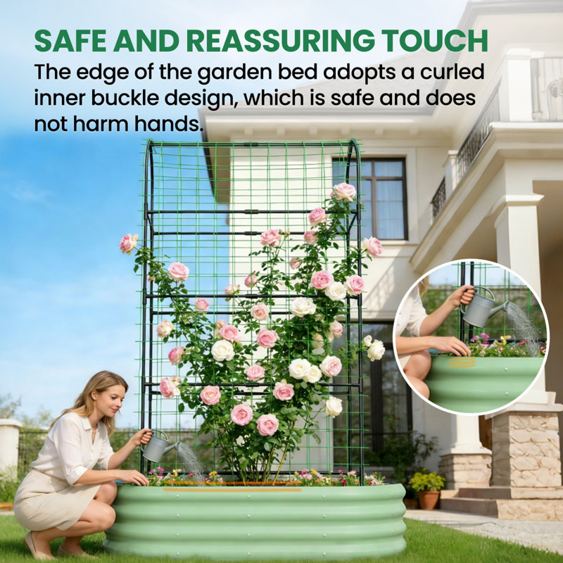 Galvanized Raised Garden Bed With 71In Arch Trellis For Climbing Plants, Green